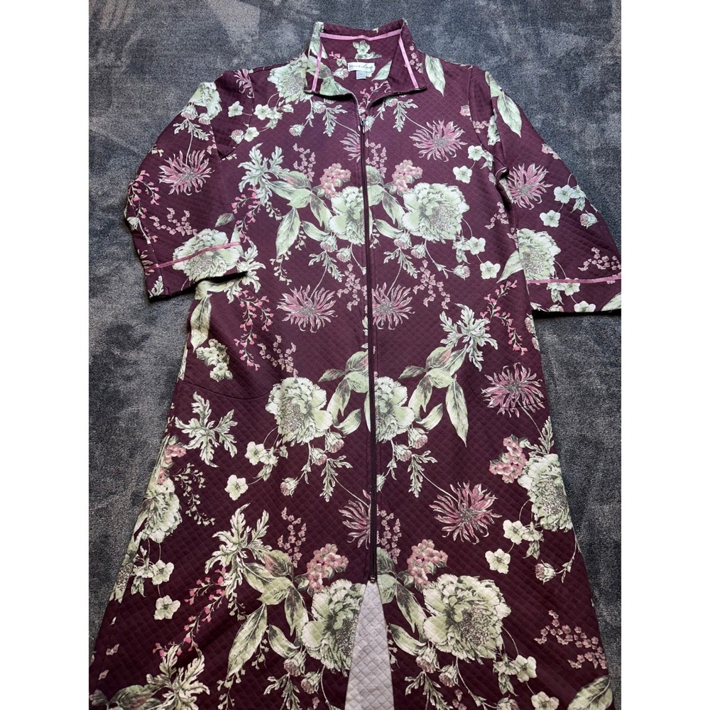 Miss Elaine Quilted Zip Front Robe Burgundy Floral Long Housecoat Large-285